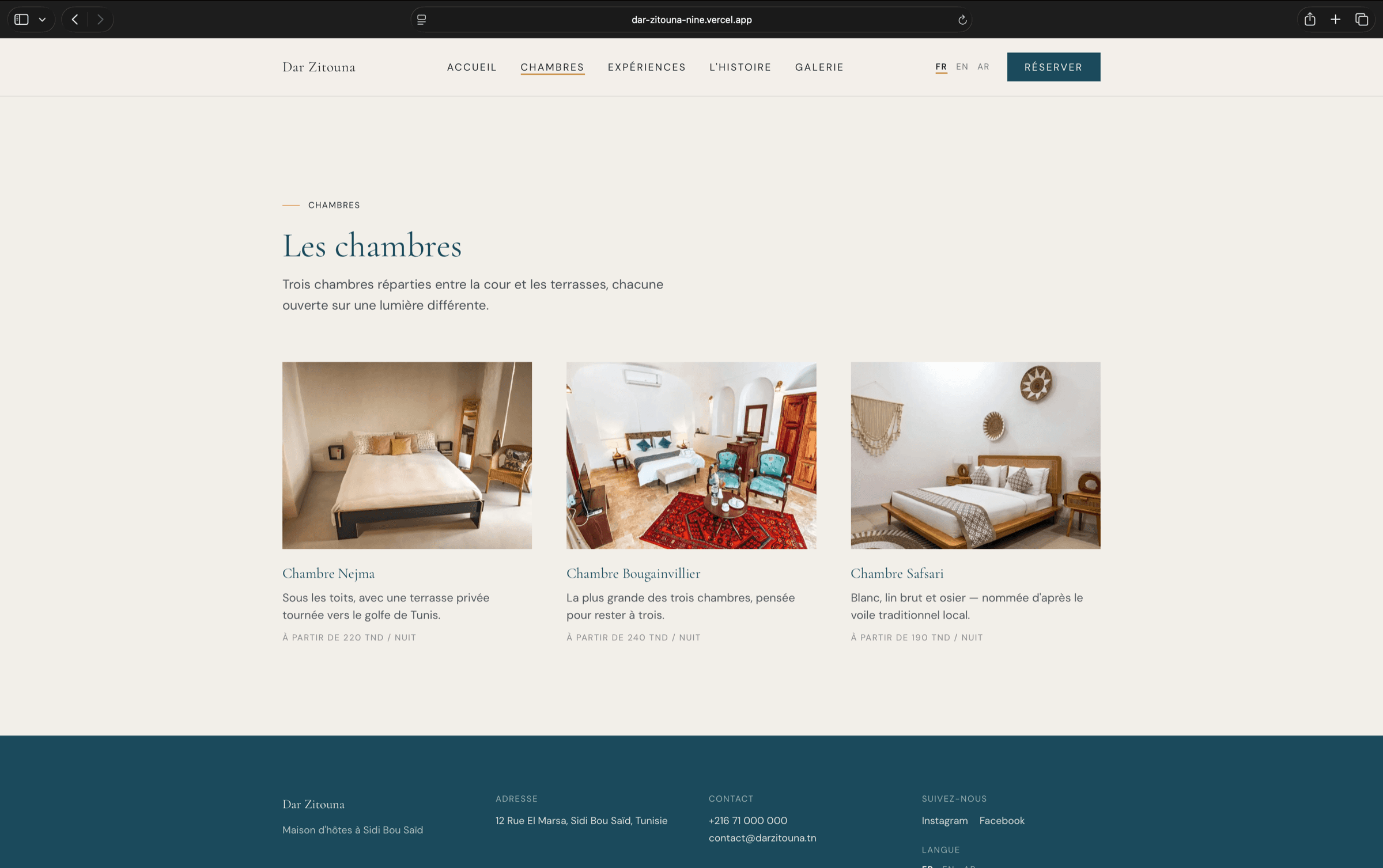 Dar Zitouna rooms page — French layout, left-to-right