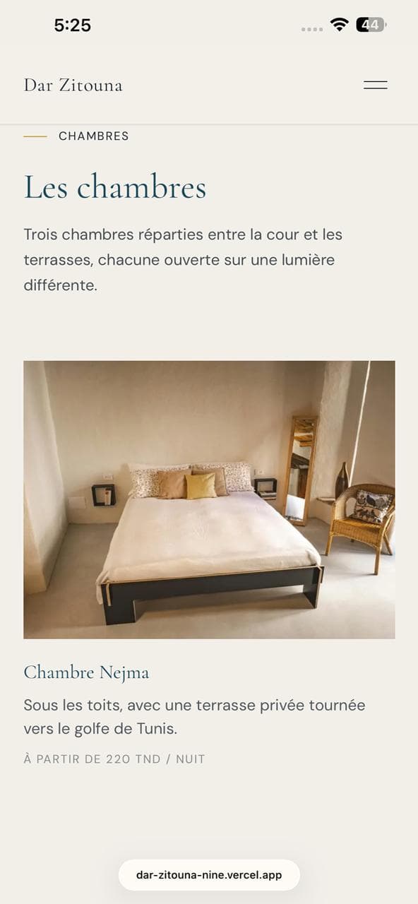 Dar Zitouna on mobile — rooms page